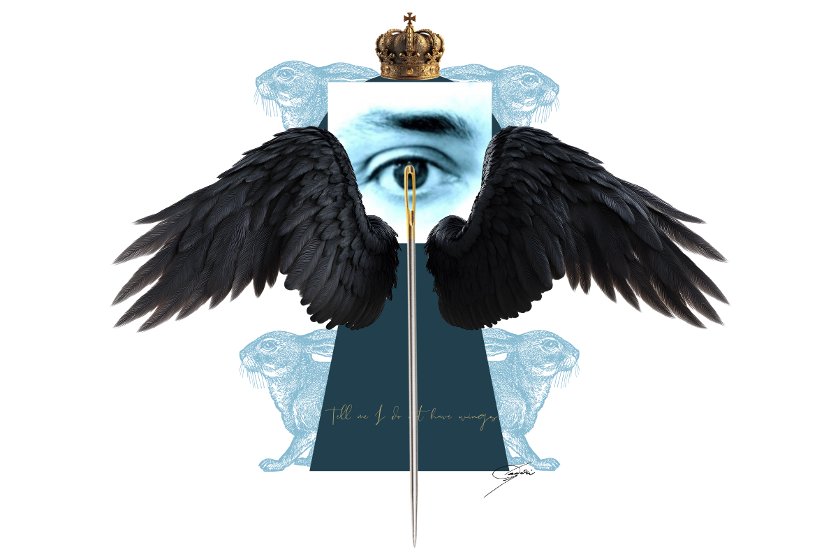 Collectors’ Edition Sample – Gabriela Landín Black wings, crowned eye, and needle collage with blue hares—symbolic art by Gabriela Landín, exploring resilience, transformation, and identity.