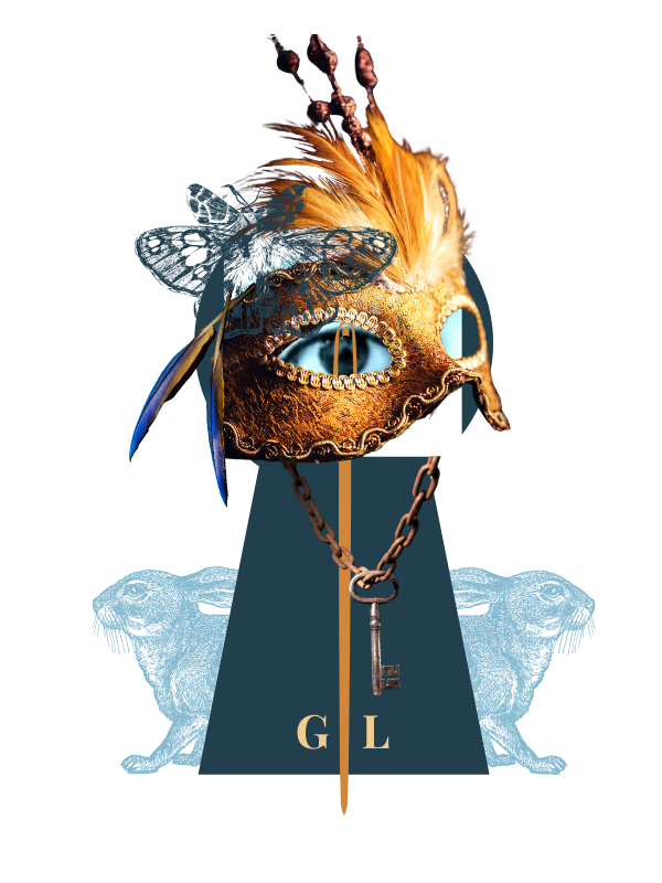 Ornate golden mask with blue eyes, butterfly, and feathers layered over a keyhole flanked by two blue hares, symbolizing mystery and exclusivity of the Secret Blue Hare Collectors Society.