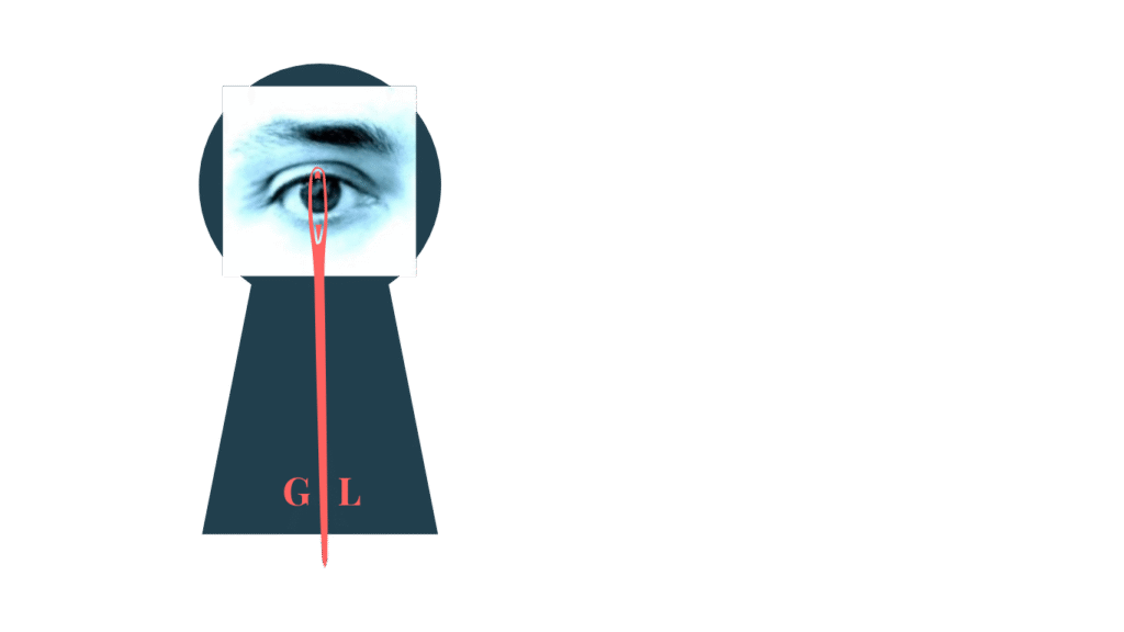 Gabriela Landín Red Logo – Eye, Keyhole, Needle’s Eye, and Red Initials Red logo: stylized eye looking through a keyhole and red needle's eye, with the initials “G” and “L” in red.