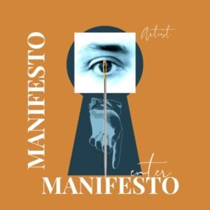 Keyhole collage with eye, needle, and hand on warm ochre background—visual emblem of Gabriela Landín’s manifesto and creative philosophy.