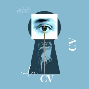 Blue keyhole collage with eye, needle, and pointing hand—representing Gabriela Landín’s professional artist CV and journey.