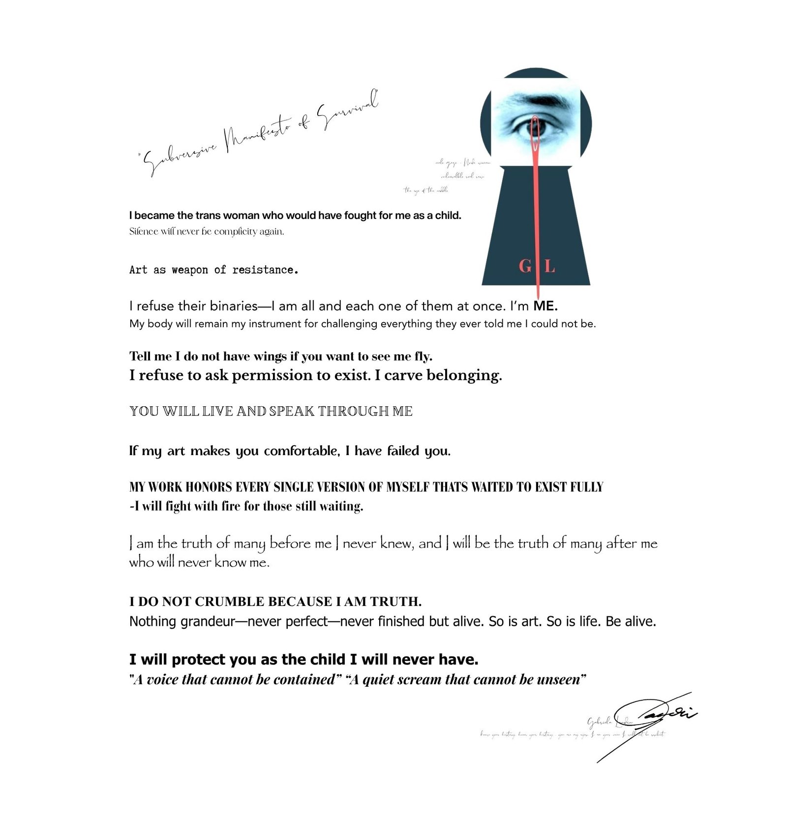 Artist manifesto by Gabriela Landín, text-based artwork with personal and activist statements on survival, identity, and art as resistance.
